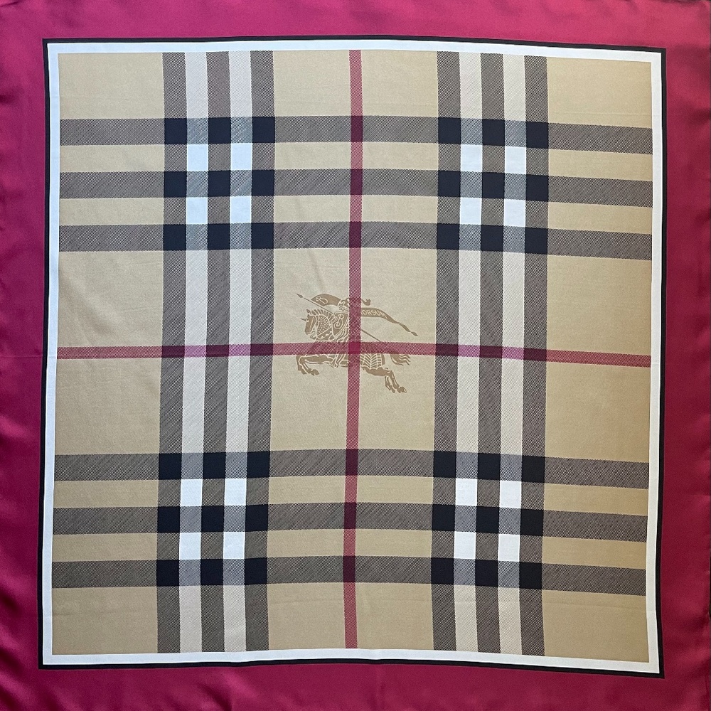 New Unisex Burberry Scarf Beige Check Burgundy Red Border Silk Wrap - Picture 8 of 13